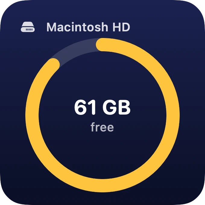 Small widget: Macintosh HD, 61 GB free, amber ring.